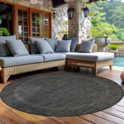 Afbeelding van Buitentapijt, effen, weerbestendig, voor terras, balkon, tuin, keuken, sisal look, zwart, afmetingen: 120 cm, rond