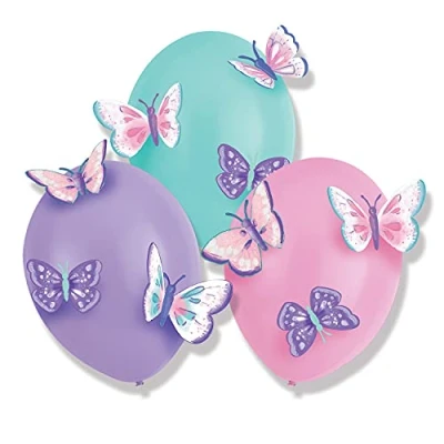 Image de Amscan 9909727 Lot de 3 ballons en latex avec applications papier, papillon, ballons, décoration, anniversaire d&#039;enfant, fête à thème