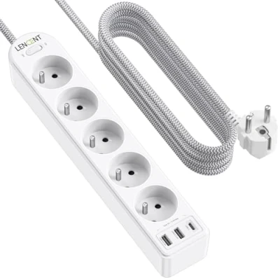 Afbeelding van LENCENT Verbeterde stekkerdoos met 5 stopcontacten, 2 USB en 1 type C schakelaar, gevlochten kabel m, verlengkabel voor thuis, kantoor keuken, wit