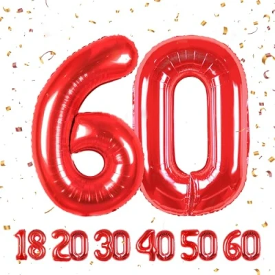 Afbeelding van Ballonnen verjaardag 60 rood 100 cm ballon cijfer 60, nummer Happy Birthday decoratie, ballonnen, verjaardagsfeest, jaren vliegen dankzij heliumballonnen