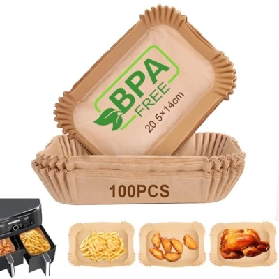 Afbeelding van AiQInu 100 vellen bakpapier voor heteluchtfriteuse met dubbele kamer, 20,5 x 14 cm, BPA vrij, rechthoekig, bakpapier, anti aanbaklaag, wegwerp, oliebestendig