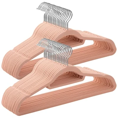 Afbeelding van Fluwelen kleerhangers, set van 50, beugels, antislip, kleine stang voor stropdassen, 360 draaibare haak, 0,6 cm dik, ruimtebesparend, 43,5 lang, mantels, broeken, zilver lichtroze