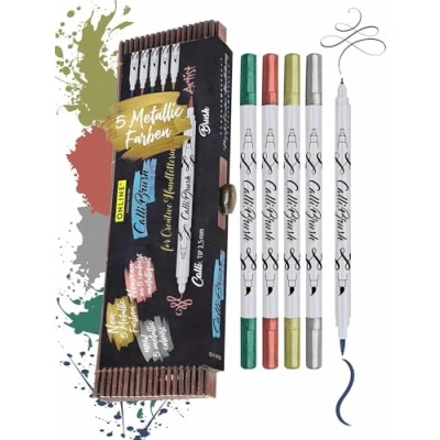 Afbeelding van ONLINE Schreibgeräte ONL19089 5 metallic Calli.Brush pennen dubbele punt in bamboe doos