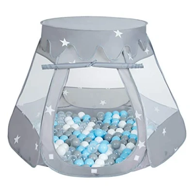 Afbeelding van Selonis Pop Up Speeltent Kasteel Speelhuisje Met Plastic Ballen Voor Kinderen, Grijs:Grijs Wit Transparant Babyblue,105X90cm/300