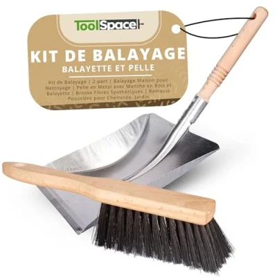 Afbeelding van ToolSpace Veegset 2 delig Huisveger voor reiniging Metalen schep met houten handvat en bezem Kunstvezelborstel Stofverzameling open haard, tuin