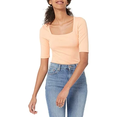 Image de Amazon Essentials T Shirt Ajusté à Manches Mi Longues et Col Carré Women&#039;s, Orange Corail, M