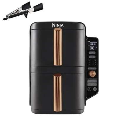 Afbeelding van Ninja Double Stack XL Air Fryer, friteuse zonder olie, verticaal, dubbele lade, 4 kookniveaus, 2 laden, grills, inhoud 9,5 l, 6 functies, 8 porties, tangen, zwart/koper SL400EUCP