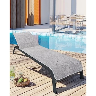 Afbeelding van Premium beschermhoes voor tuinligstoel, 100% katoen, Oeko Tex 100, badstof handdoek overtrek, zonnebed, hoes met envelop ligstoel, ligstoel (75 x 200 cm, grijs)