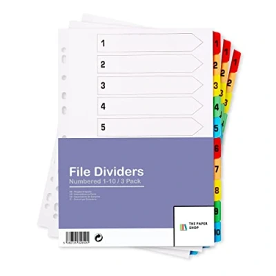 Afbeelding van Set van 3 A4 verdelers, 10 stuks, genummerd 1 tot 10, tabbladen met meervoudig geperforeerde versterkte gekleurde tabbladen, 150 g/m²