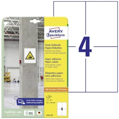 Afbeelding van Avery Zweckform L7876 20 ( 105 x 148 mm, Wit, 80 stuk(s), Permanent hechtend, Sterk hechtend