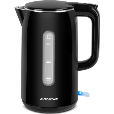 Afbeelding van Aigostar Lydian Elektrische waterkoker van roestvrij staal, 1,7 l, 2200 W, dubbelwandig, met waterniveau indicator, snel koken, automatische sluiting, BPA vrij, zwart