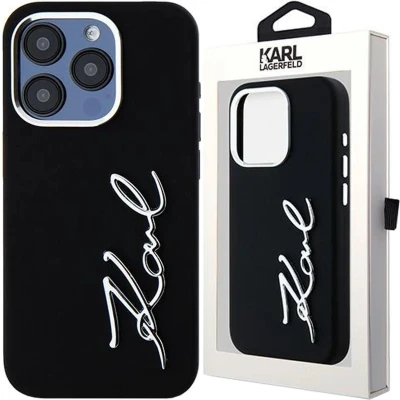 Afbeelding van Karl Lagerfeld Siliconen Metal Script Logo hoesje voor iPhone 15 Pro zwart