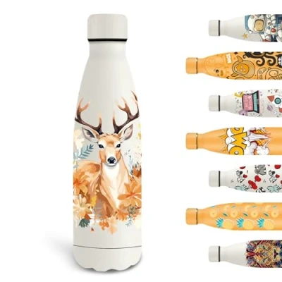 Afbeelding van Grsta 500 ml thermosfles voor kinderen, gepersonaliseerde fles met hert, lekvrije metalen fles, BPA vrij, gemakkelijk mee te nemen, school, kantoor, camping