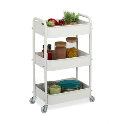 Afbeelding van Relaxdays keuken trolley wieltjes 3 laags met vilt badkamer serveerwagen wit