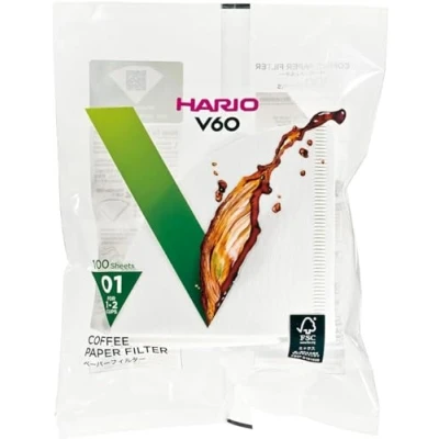 Image de Hario Lot de 100 filtres en papier pour cafetière goutte à V60, compatibles avec taille 01, blanc, 1 pièces (le colis peut varier)