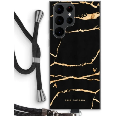 Afbeelding van Case Company® hoesje met Koord geschikt voor Samsung Galaxy S22 Ultra Gouden marmer Telefoonhoesje Zwart Bescherming aan alle Kanten en Over de Schermrand