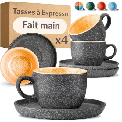 Afbeelding van Cosumy Espressokopjes met schoteltjes, set van 4 90 ml keramiek, handgemaakt reactief email, houdt de warmte langer vast (geel)