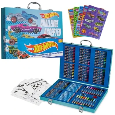 Afbeelding van Hot Wheels Kinderset, teken en schilderset, wasbare viltstiften, kleurpotloden, stickers, opbergdoos 130 stuks