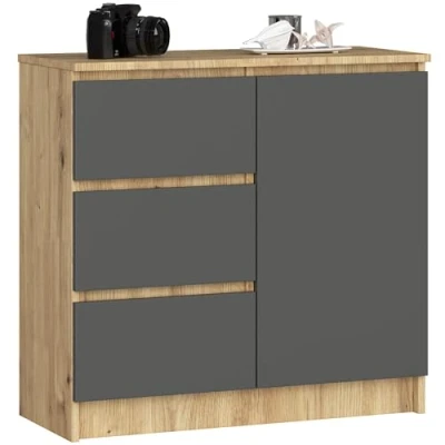 Afbeelding van AKORD K 80 JERRY Commode met 3 laden, 2 planken en 1 deur, voor woonkamer, slaapkamer, modern, 16 mm gelamineerde plaat, x 77 35 cm, ambachtelijk eiken voorkant grafiet grijs