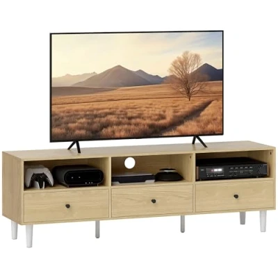 Afbeelding van HOMCOM tv meubel hout bank voor tot 75 inch met 3 laden, open planken en kabeldoorvoeringen, woonkamer slaapkamer, 140 x 34 45 cm, natuurlijk