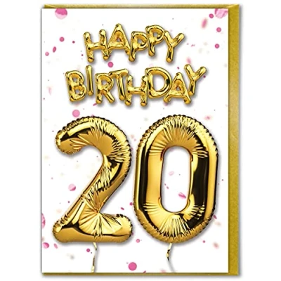 Afbeelding van Brainbox Candy Verjaardagskaart 20 jaar Gouden folie ballonkaart Wit en roze Voor zonen dochters Familieverjaardag Vriend Twintigste verjaardag