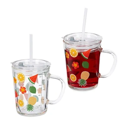 Afbeelding van Relaxdays drinkglazen set van 2 vruchten sapglazen deksel rietje transparant