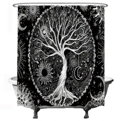 Afbeelding van Ulticool Douchegordijn Boom Tree of Life 180 x 200 cm semi Transparant met 12 Ringen Wit anti Schimmel Zwart