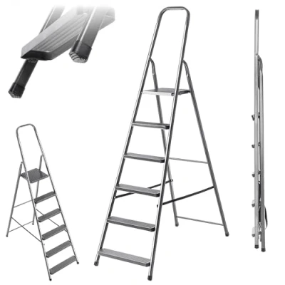 Afbeelding van KADAX Opvouwbare stalen ladder met antislipvoeten, eenzijdige plank, vouwladder, (6 treden)