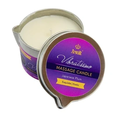 Afbeelding van VIBRATISSIMO Japanse Plum Massagekaars, 100 ml, geurkaars met pruim, ontspanningskaars, van natuurlijke grondstoffen en kokosolie, geschikt voor de gevoelige huid, massage kaars
