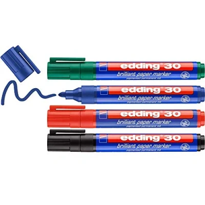 Afbeelding van edding 30/4 brilliant paper marker 4 stuks zwart/blauw/rood/groen ronde punt 1,5 3 mm op papier schrijven drukt niet door