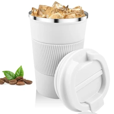 Afbeelding van Relota 380 ml witte koffiebeker, lekvrij, 304 roestvrij staal, dubbelwandig geïsoleerd, autobeker, herbruikbaar, voor koffie, water en thee