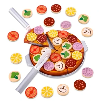 Afbeelding van Toaren houten pizzaset, keukenaccessoires voor kinderen, voedselspeelgoed goederenwinkel, pizza kinderen met plank