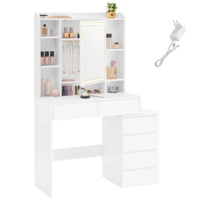 Afbeelding van VASAGLE RDT124W01 Make uptafel met ledverlichting, instelbare helderheid, spiegel, laden, open vakken, verstelbare planken, modern, wolkenwit