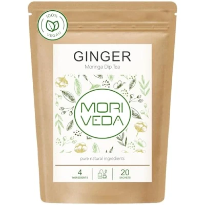 Afbeelding van MoriVeda® 100% natuurlijke en veganistische Moringa thee (naar keuze: bladmix, appel, kaneel, granaatappel, gember, munt). Kwaliteitsproduct (20 zakjes gember)
