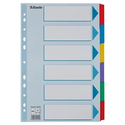 Afbeelding van Esselte Tabbladen A4, 6 toetsen, blauw/meerkleurig, gerecycled karton, tabs met materiaalopschrift, 100168