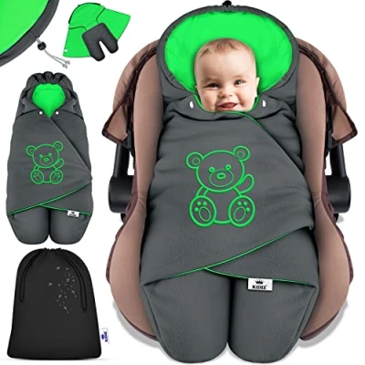 Afbeelding van KIDIZ® Baby Slaapzak voor Buggy Voetenzak Autostoeltje &amp; Wandelwagen Babyschaal, Winter met Kap + Babyslaapzak Deken Maxi Cosi Kinderwagen alle Gordelsystemen 3 5 Puntsgordel Antraciet / Groen