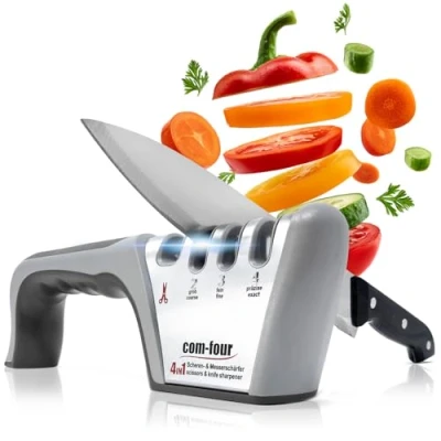 Afbeelding van COM FOUR® 4 traps messenslijper, ook geschikt voor schaar, handmatige messenslijper (1 stuk, zilvergrijs, zwart)