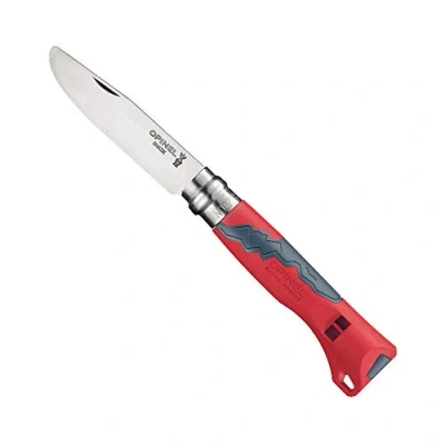 Image de Opinel N07 Outdoor Junior Rouge Couteau Pliant de Poche Enfant en Acier Inoxydable Lame INOX 7 cm Bout Rond Manche Polyamide Waterproof Sifflet Intégré Terre et