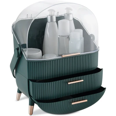 Afbeelding van Navaris make up organizer met lades Cosmetica en updoos doorzichtige deksel 2 Voor badkamer, slaapkamer of op reis Groen