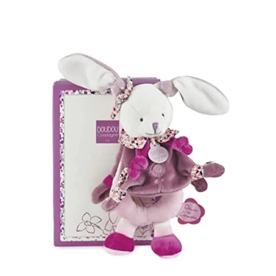 Afbeelding van Doudou et Compagnie, knuffel met rammelaar, haas, roze, mooie geschenkdoos, kerskleurige DC2700