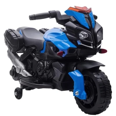 Afbeelding van HOMCOM Elektrische motorfiets voor kinderen, 6 V, 3 km/u, lichteffect en geluid, afneembare wielen, voetsteun, zijkoffers, metaal, PP, blauw, zwart
