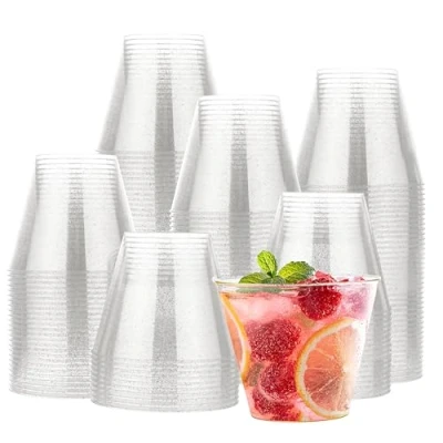 Afbeelding van MATANA 120 bekers van hard plastic, transparant, met zilveren glitter (255 ml), elegante en herbruikbare glazen voor verjaardagen, bruiloften, Kerstmis, barbecues, feestjes