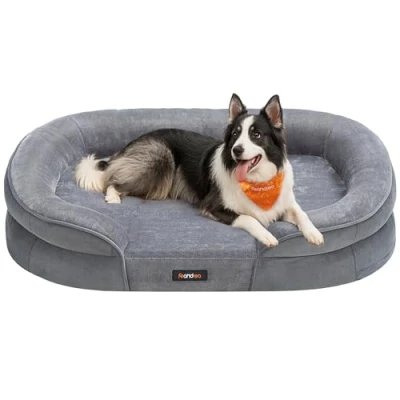 Afbeelding van Feandrea Hondenbed, kussen voor grote honden, 91 x 68 18 cm, orthopedisch, binnen, waterdicht, verhoogde randen, afneembare en wasbare overtrek, antislip, lichtgrijs PGW282G01