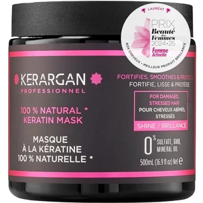 Image de Kerargan Masque Capillaire Ultra Réparateur à la Kératine pour Cheveux Abîmés et Stressés Fortifie, lisse protège Sans Sulfate, GMO, Huile Minérale 500ml
