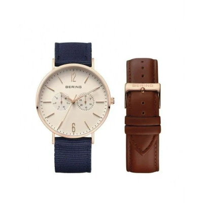Afbeelding van BERING Heren analoog kwarts klassieke collectie horloge met nylon armband en saffierglas, Blauw/Rose Goud, Goud