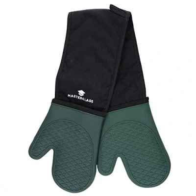 Afbeelding van MasterClass Silicone Ovenwanten, hittebestendige wanten met katoenen vulling, dubbelzijdige antislip handschoenen voor koken en bakken, BPA vrij, zwart/hunter groen