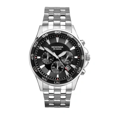 Afbeelding van Sekonda Analoog kwartshorloge voor heren met chronograaf en roestvrijstalen armband, Zilveren band/zwarte wijzerplaat, enkel