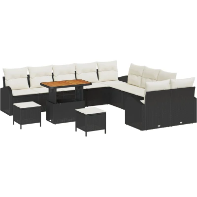 Afbeelding van vidaXL 13 Piece Tuinbankstel met Kussens Zwart Poly Rattan Acacia, 2 Persoons Tuinbank Rattan, 3 Tuin Eetset Acacia