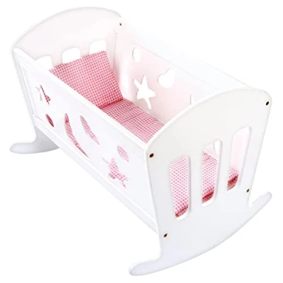 Afbeelding van BINO Houten poppenbed wit Poppenwieg met maan en sterren Poppenschommelbed inclusief poppenmatras beddengoed