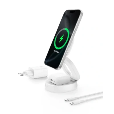 Afbeelding van Belkin Chargeur 2 en 1 aimanté et pliable (Station de Recharge compatible MagSafe, certifié Qi2, 15 W, pour iPhone 16 AirPods, base antidérapante, adaptateur secteur 30 W inclus, Blanc)